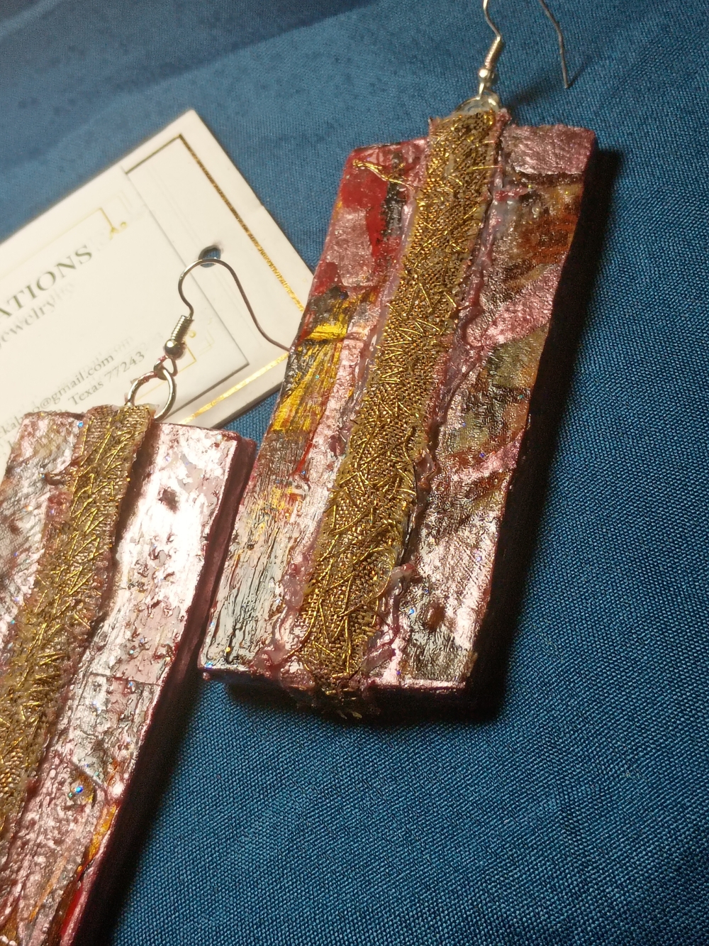 Pink and Gold Rectangular Drop Earrings with Metallic Braid